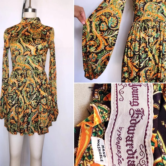 70s Young Edwardian by Arpeja Colorful Mini Dress Boho Hippie size XXS - Picture 1 of 9